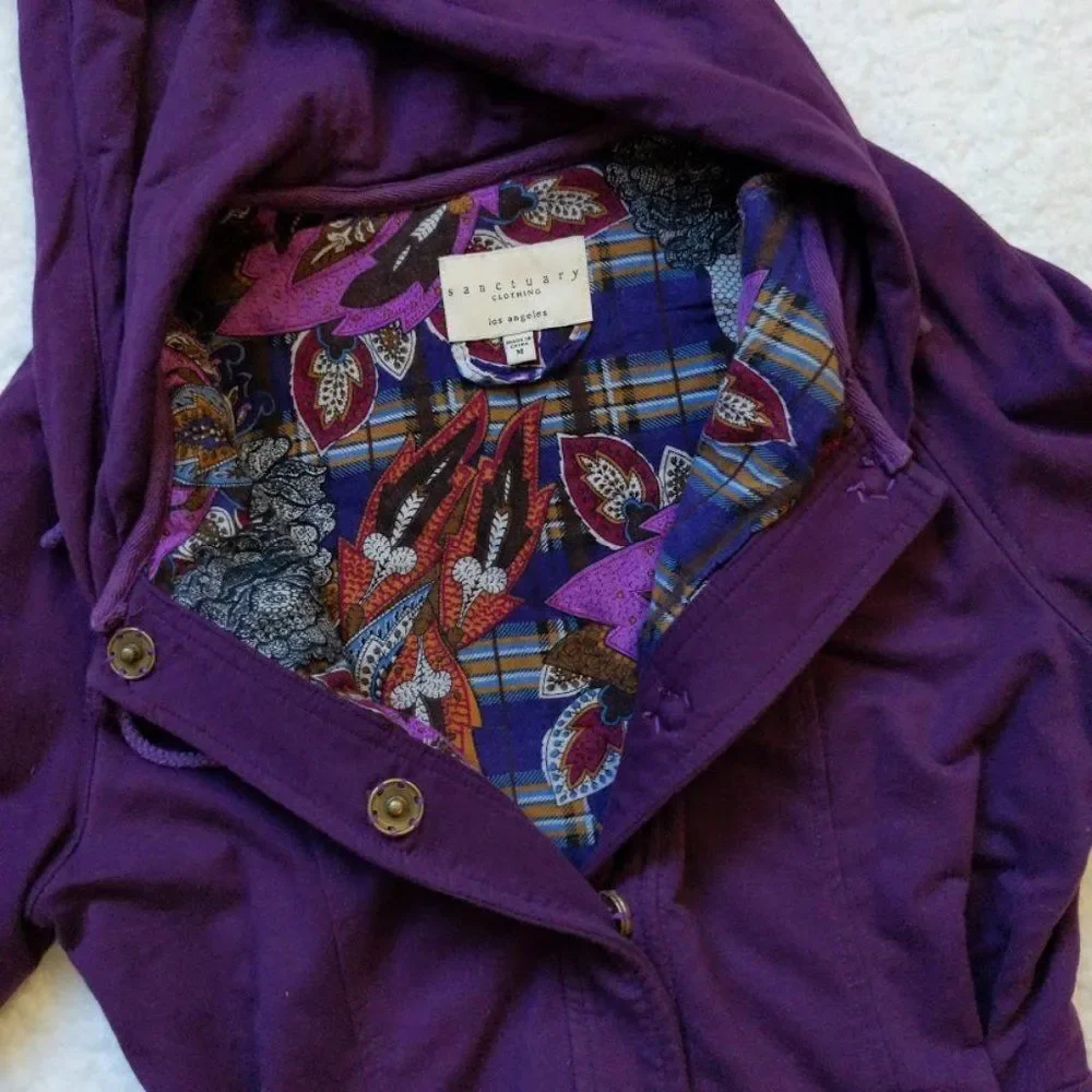 Sanctuary Jacket Hooded Jacket Snap Front Purple Ruching Size Medium